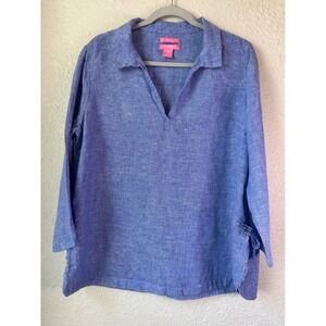 Isaac Mizrahi New York Blue 100% Linen Long Sleeve Tunic Shirt Top Size L